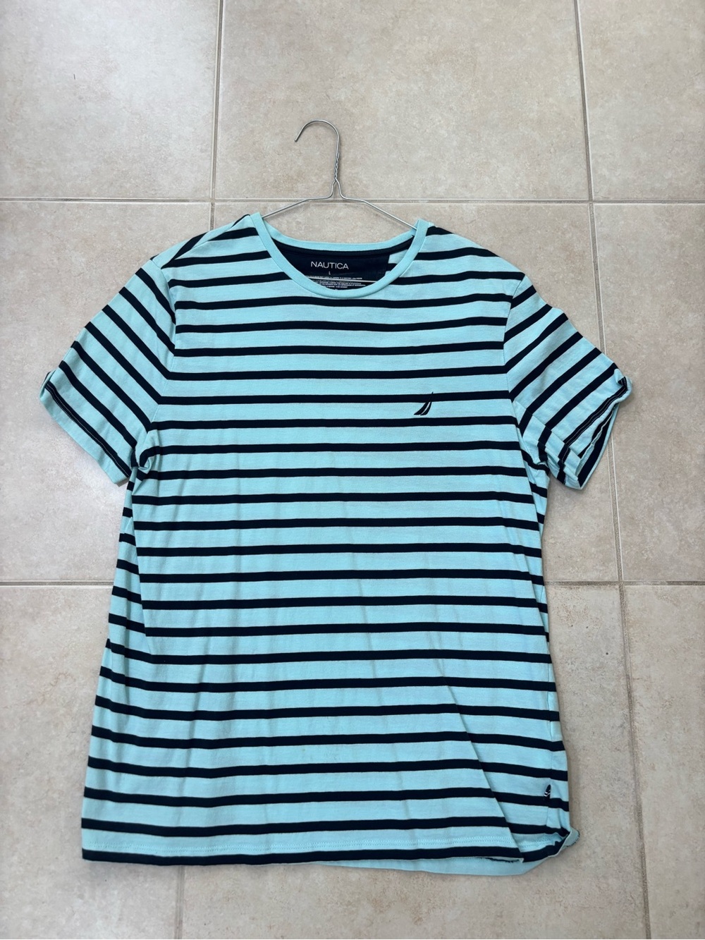 Nautica Men’s Mint and Navy Striped Crew Neck Tee